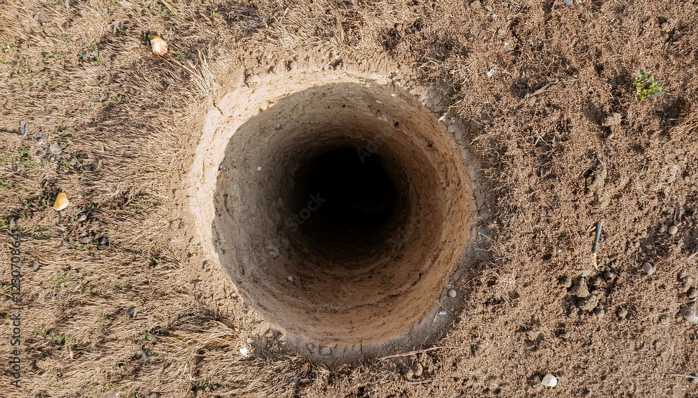 Dirt ground with deep hole, viewed from above Dirt ground with deep hole, viewed from above