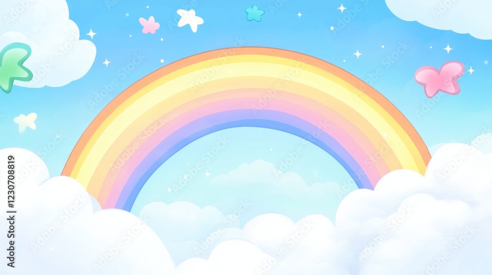 Pastel Rainbow Arcing Over Fluffy Clouds and Stars Pastel Rainbow Arcing Over Fluffy Clouds and Stars