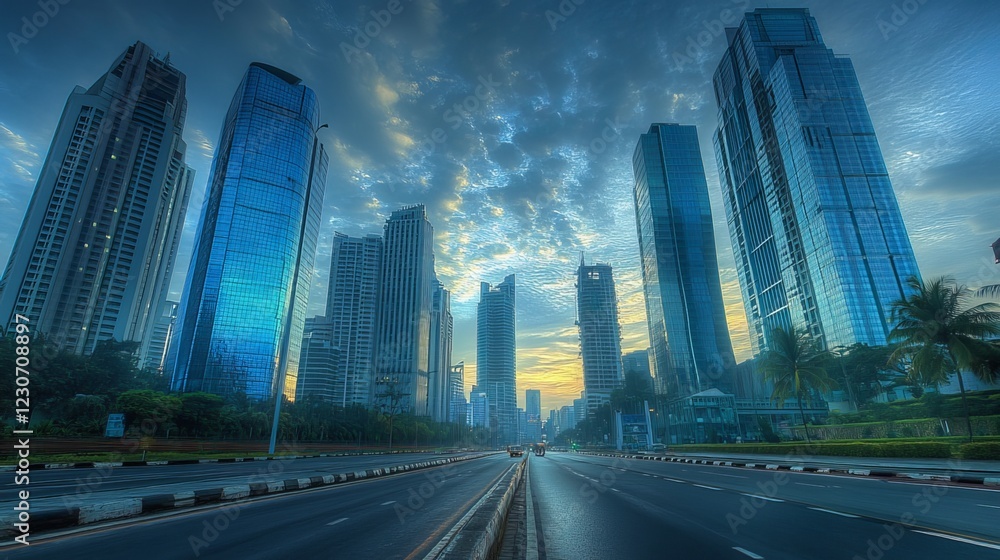 A morning stroll beneath Jakarta's towering blue skyscrapers, a symphony of modern architecture reaching towards the heavens. A morning stroll beneath Jakarta's towering blue skyscrapers, a symphony of modern architecture reaching towards the heavens.