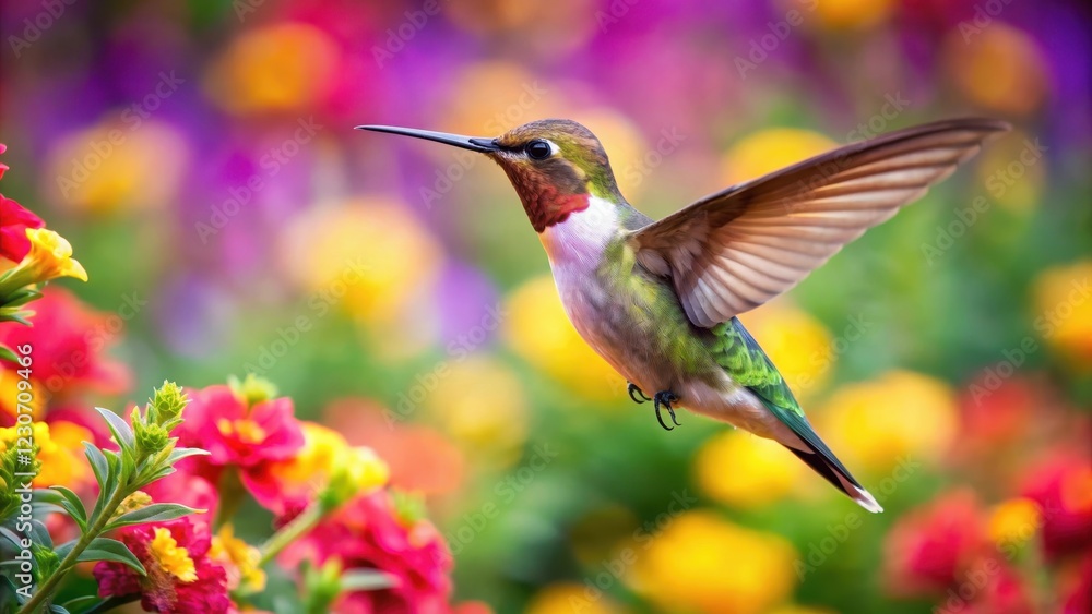 Naklejka premium Beautiful hummingbird in mid-flight among vibrant flowers, petal, blossom, petal, blossom, garden, flight, insects