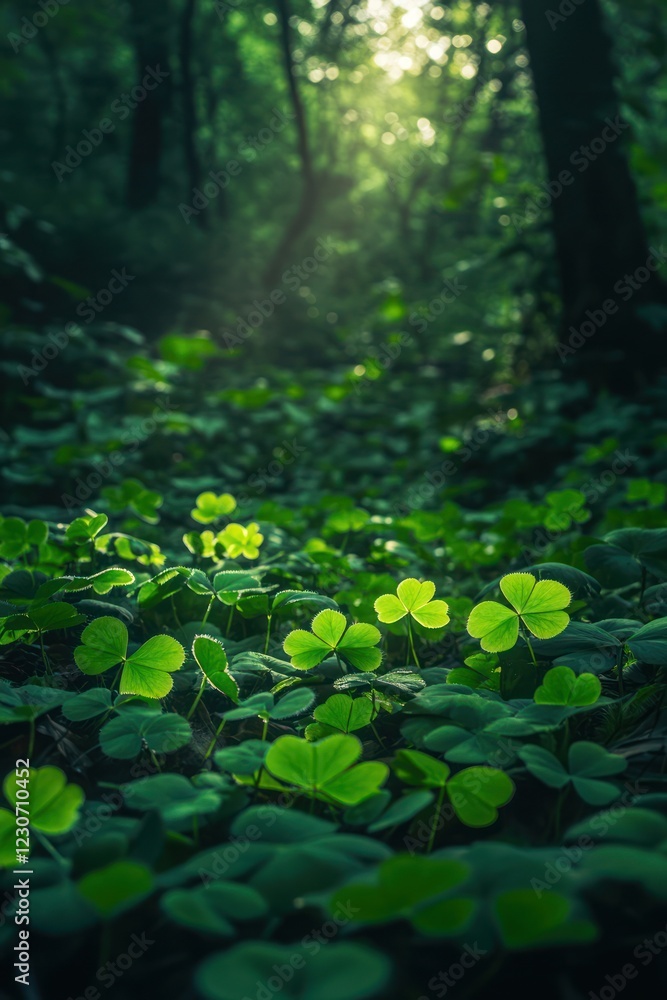 Forest floor clovers sunlit path background Forest floor clovers sunlit path background