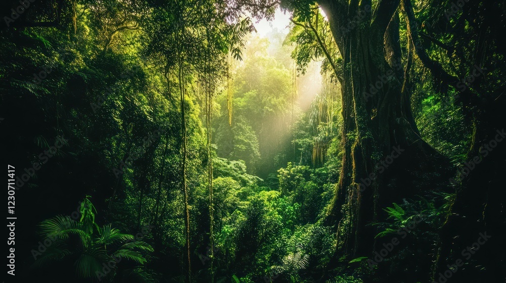Fototapeta premium Lush Green Rainforest Sunlight Through Canopy
