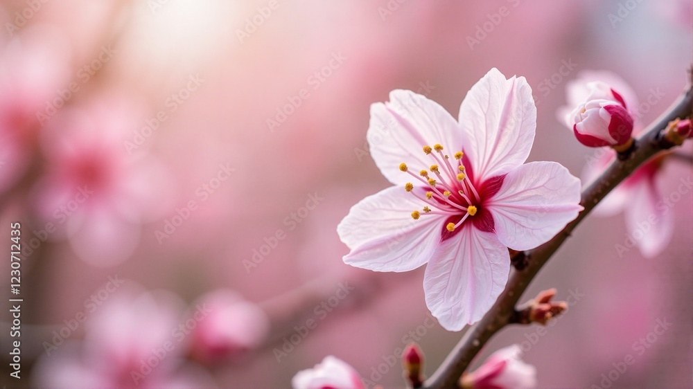 Fototapeta premium Cherry blossom flower blooming elegantly on branch with blurred pink background, symbolizing spring renewal and beauty. Vacation and travel advertising