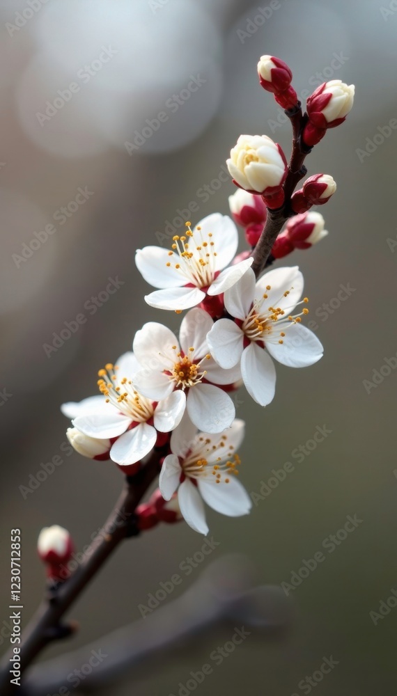 White hawthorn buds densely packed on a twig branch, flora, spring White hawthorn buds densely packed on a twig branch, flora, spring