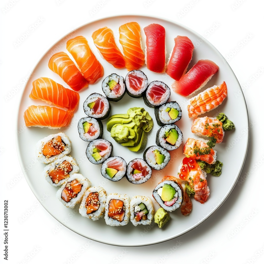 A platter of assorted sushi including salmon nigiri and spicy tuna rolls, isolated white background, surreal art style A platter of assorted sushi including salmon nigiri and spicy tuna rolls, isolated white background, surreal art style