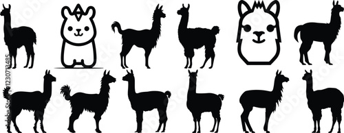 Llama silhouettes set, alpaca pack of vector silhouette design, isolated background