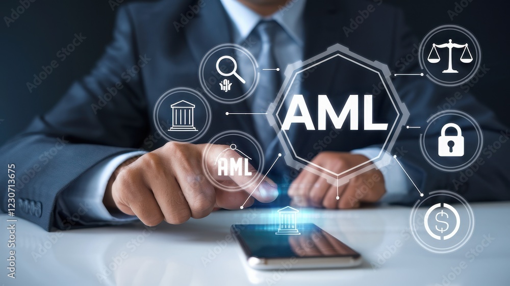 AML Compliance: Businessman Using Mobile Technology for Anti-Money Laundering AML Compliance: Businessman Using Mobile Technology for Anti-Money Laundering