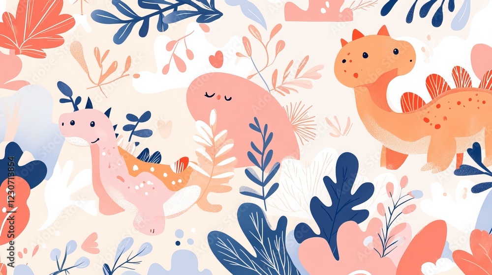 Fototapeta premium Adorable dinosaur pattern designed for children's products. Seamless animal background perfect for baby shower cards, bedding, fabric, wallpaper, gift wrap, textiles, and T-shirt designs. 