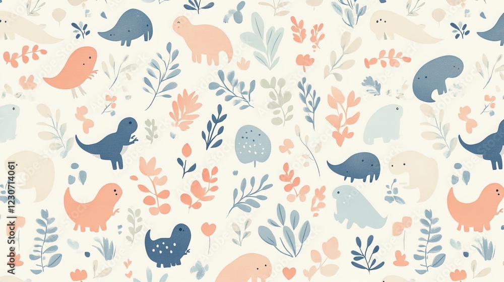 Fototapeta premium Adorable dinosaur pattern designed for children's products. Seamless animal background perfect for baby shower cards, bedding, fabric, wallpaper, gift wrap, textiles, and T-shirt designs. 