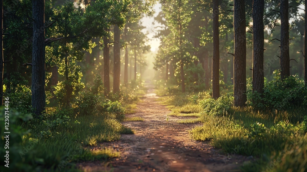 Obraz premium Sunlit path through a misty forest.