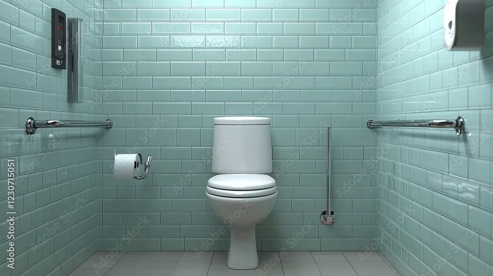 A clean indoor setting featuring a ceramic toilet bowl equipped with handrails, positioned against a tiled wall A clean indoor setting featuring a ceramic toilet bowl equipped with handrails, positioned against a tiled wall