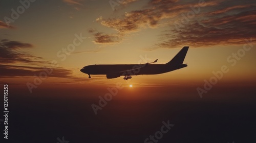 Airplane silhouette gliding through a breathtaking golden sunset sky over a vast landscape. Generative AI