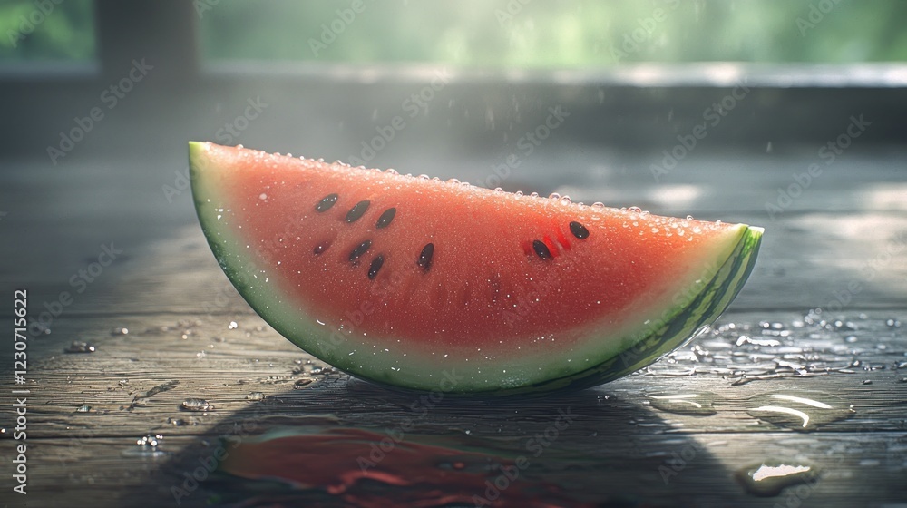 Juicy watermelon slice on wet wood. Juicy watermelon slice on wet wood.