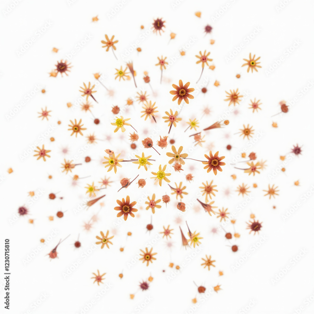 Abstract Wildflower Pattern with Scattered Floating Petals on a White Background Abstract Wildflower Pattern with Scattered Floating Petals on a White Background