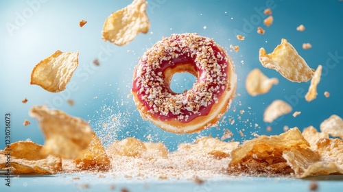 A stunning donut with vibrant frosting levitates in the midst of crispy potato chips, symbolizing a joyful contrast between sweetness and savory crunchiness on a blue background. photo