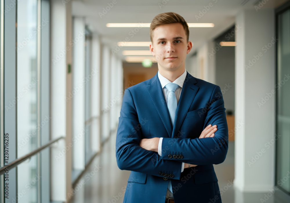 A young professional in a tailored blue suit and light blue tie, standing with arms crossed in a brightly lit office hallway with large windows A young professional in a tailored blue suit and light blue tie, standing with arms crossed in a brightly lit office hallway with large windows