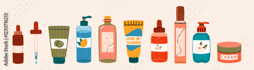 Set of colorful bottles, jars and tubes with organic cosmetics flat illustration. Collection of skincare products.