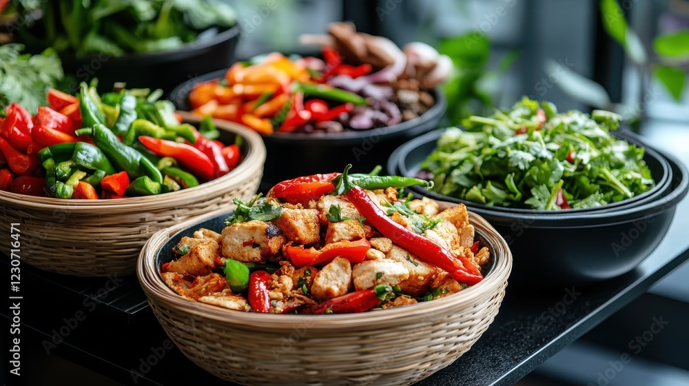 A beautiful arrangement of various fresh vegetables and salads served in baskets, showcasing vibrant colors and healthy ingredients for inspiring meal ideas. A beautiful arrangement of various fresh vegetables and salads served in baskets, showcasing vibrant colors and healthy ingredients for inspiring meal ideas.