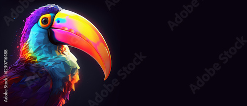 Bright Colored Toucan Bird Portrait Isolated on Black background. Fantasy Wild Exotic Mascot Bird Symbol Silhouette. Bold Animal Show Advertising card Wallpaper Decoration. photo