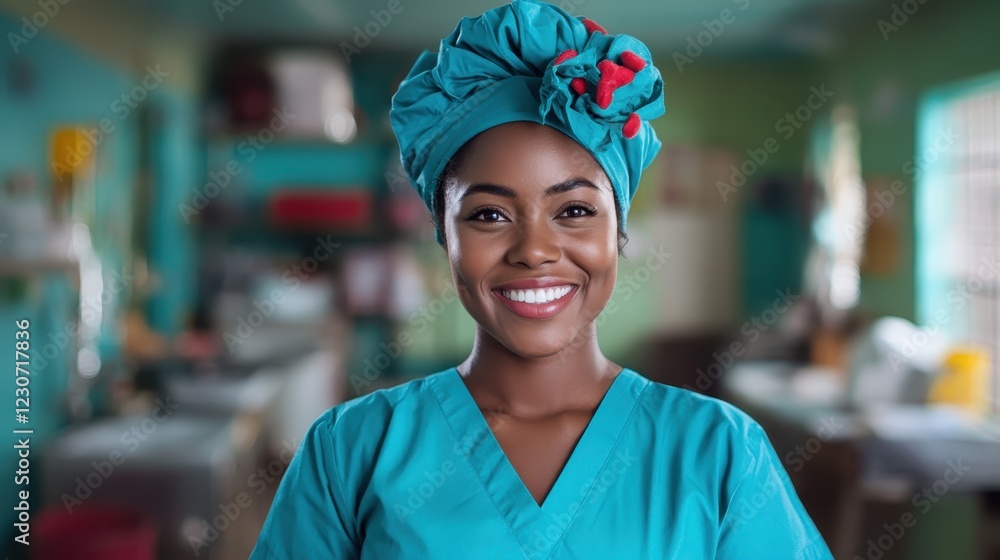 A cheerful nurse in teal scrubs and a vibrant headwrap stands confidently, showcasing professionalism and warmth in a healthcare setting that promotes caring vibes. A cheerful nurse in teal scrubs and a vibrant headwrap stands confidently, showcasing professionalism and warmth in a healthcare setting that promotes caring vibes.