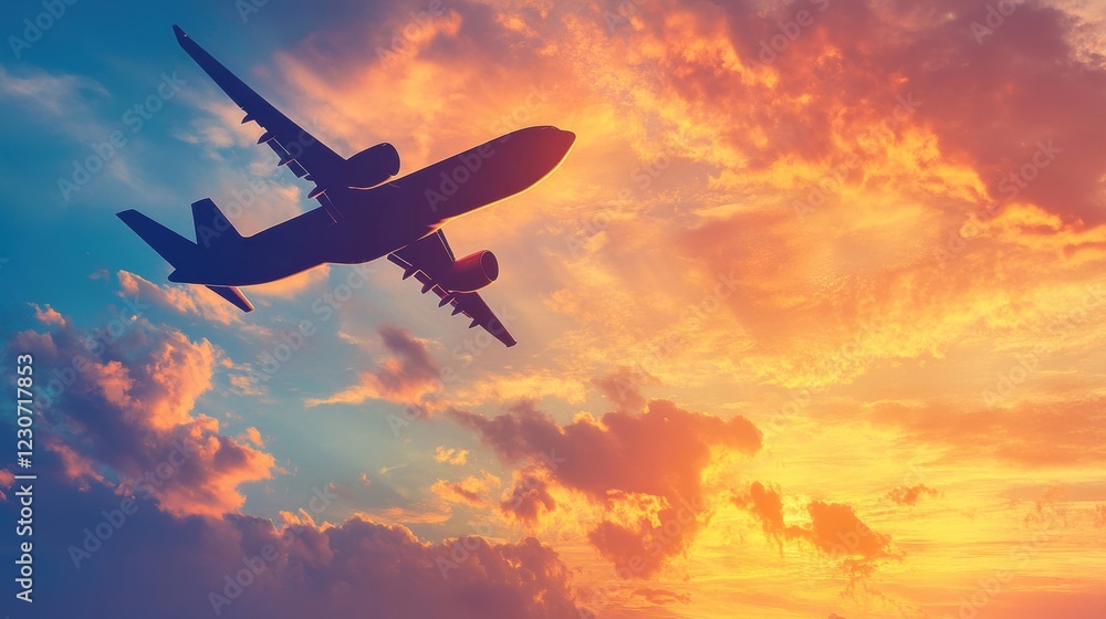 Silhouette of an airplane flying against a vibrant golden sunset sky. Generative AI Silhouette of an airplane flying against a vibrant golden sunset sky. Generative AI