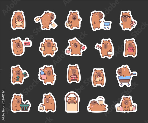 Capybara shopping set with adorable characters holding bags, carts, bottle, money, gift, and other items in funny and cheerful poses for your creative cartoon illustrations