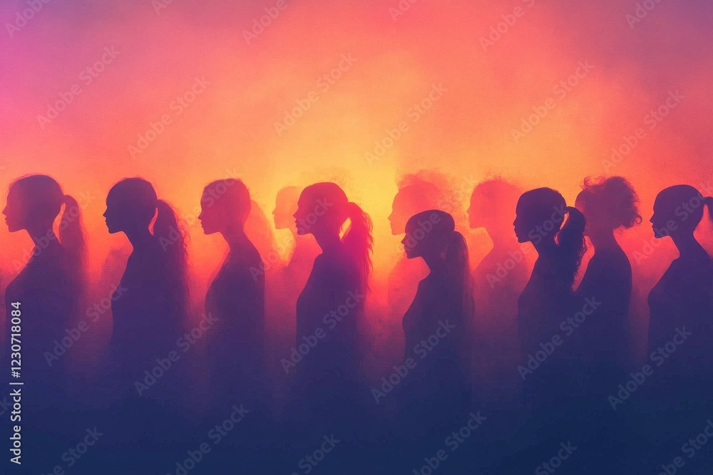 Fototapeta premium Silhouettes of women standing in a line against a vibrant colorful background during an artistic event