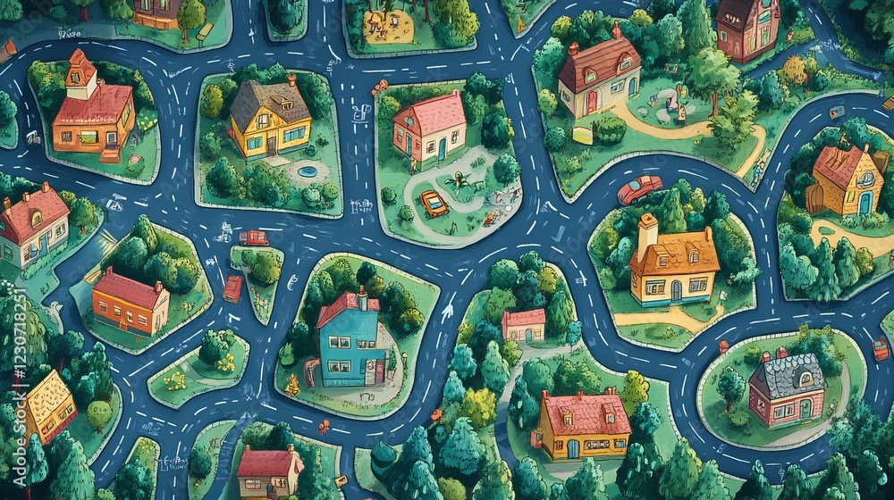 Charming children's maze featuring a city map, guiding them through streets filled with playful symbols like cars, houses, and lush trees. This vibrant Charming children's maze featuring a city map, guiding them through streets filled with playful symbols like cars, houses, and lush trees. This vibrant