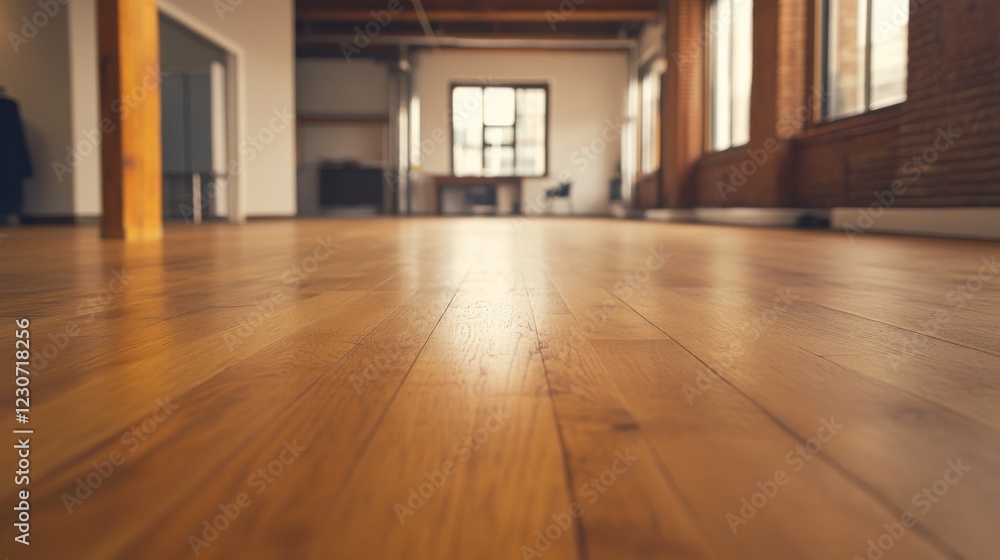 Obraz premium Polished hardwood floor in a spacious, bright loft office.