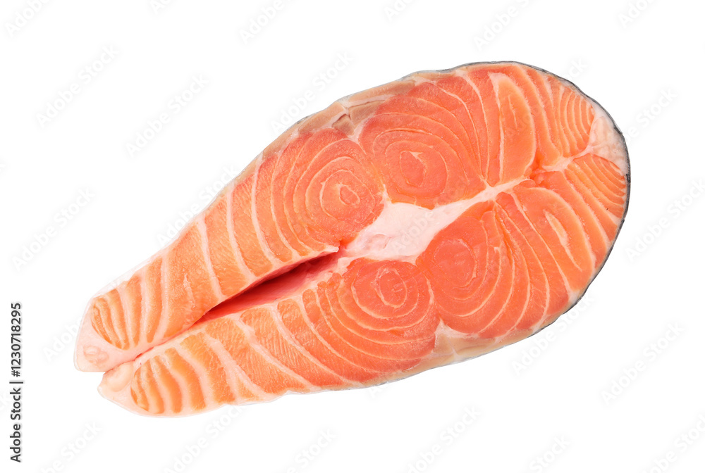 Steak of fresh raw salmon isolated on white, top view Steak of fresh raw salmon isolated on white, top view