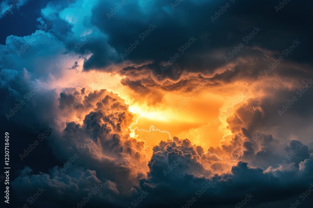 Fototapeta premium Airplane navigates through turbulent storm clouds at dusk near coastal region. Generative AI