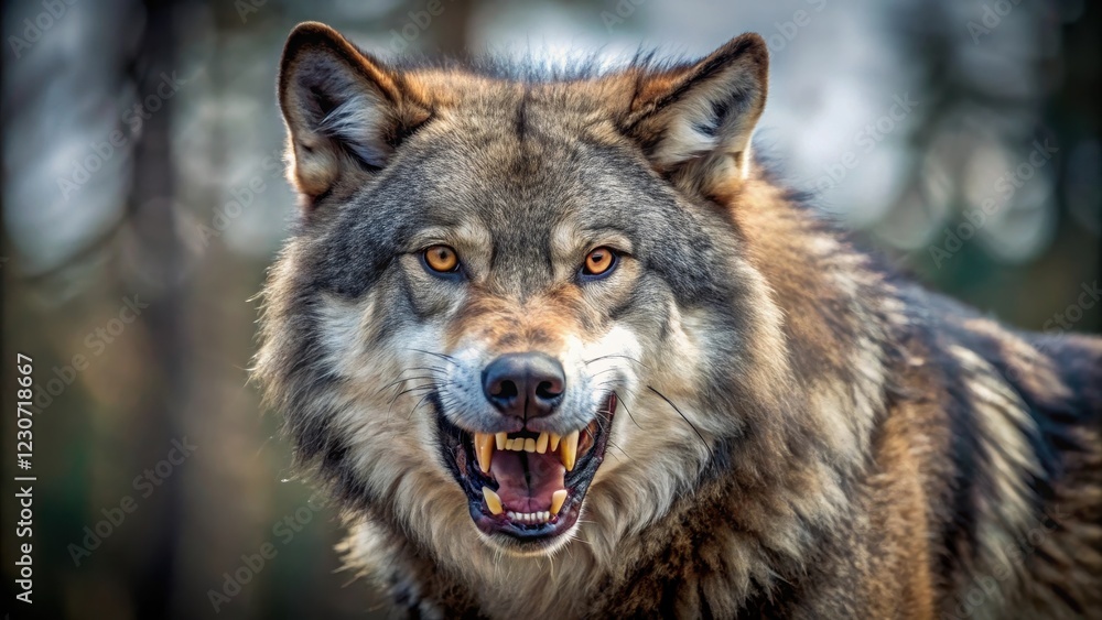 Large wolf with its mouth open wide in a fierce snarl while staring straight at the camera, showing sharp teeth and a dominant posture , aggressive, beast Large wolf with its mouth open wide in a fierce snarl while staring straight at the camera, showing sharp teeth and a dominant posture , aggressive, beast