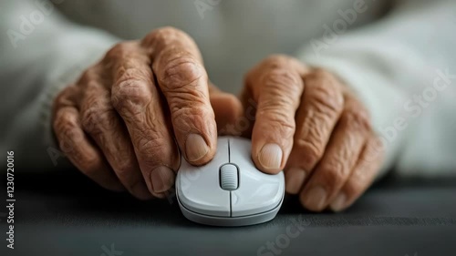 Elderly hands using computer mouse for digital interaction and connectivity