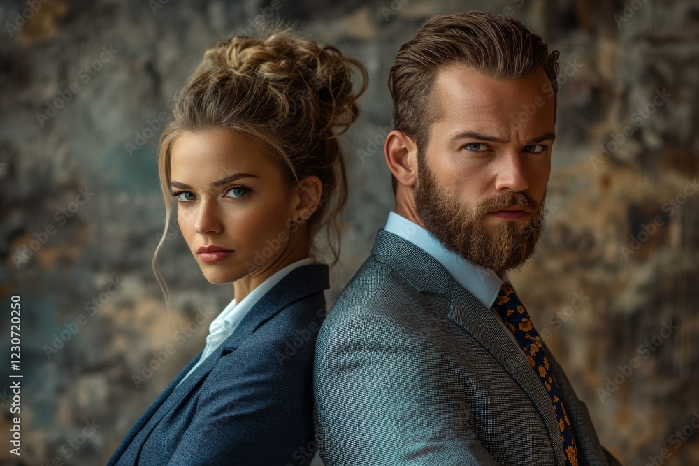 Business professionals posing back to back in modern office with stylish attire and confident expressions Business professionals posing back to back in modern office with stylish attire and confident expressions