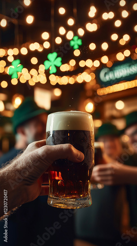 A hand holds up a frothy pint of dark beer in a lively Irish pub adorned with glowing shamrocks and golden lights, as friends in green hats cheer and celebrate St. Patrick's Day in a warm atmosphere photo