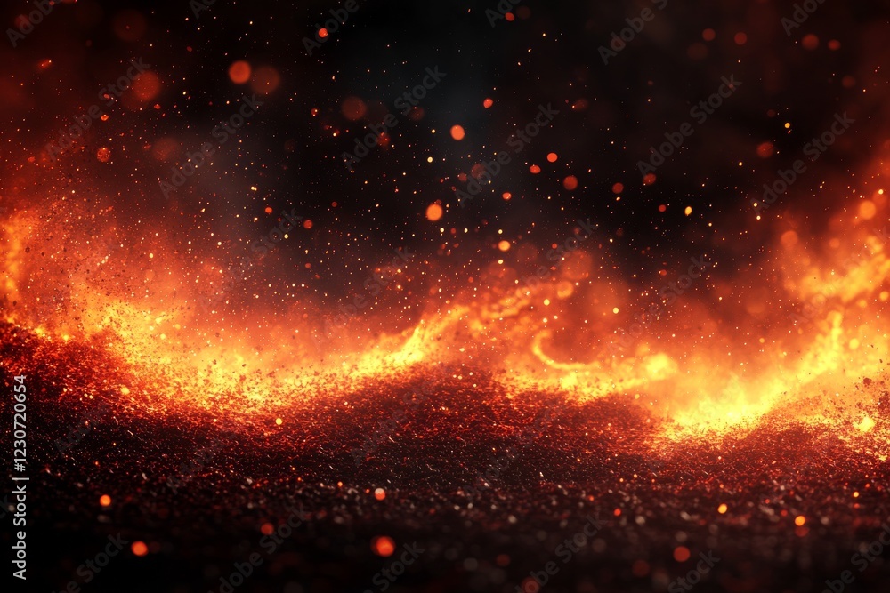 Fototapeta premium Flowing lava creates a mesmerizing display of heat and color in a volcanic landscape at night