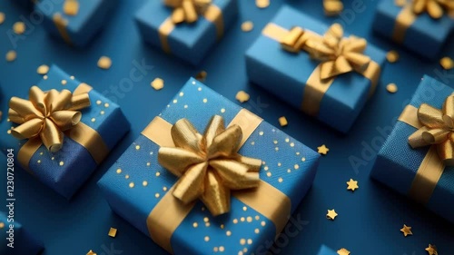 Elegant gold and blue gift boxes arranged with decorative stars for festive celebration