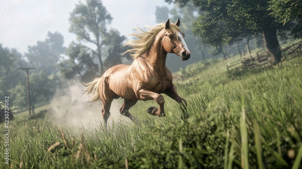 Fototapeta premium Palomino horse galloping across a field.