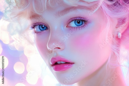 Wallpaper Mural Close-up of a young woman with striking blue eyes and radiant skin in colorful lighting Torontodigital.ca