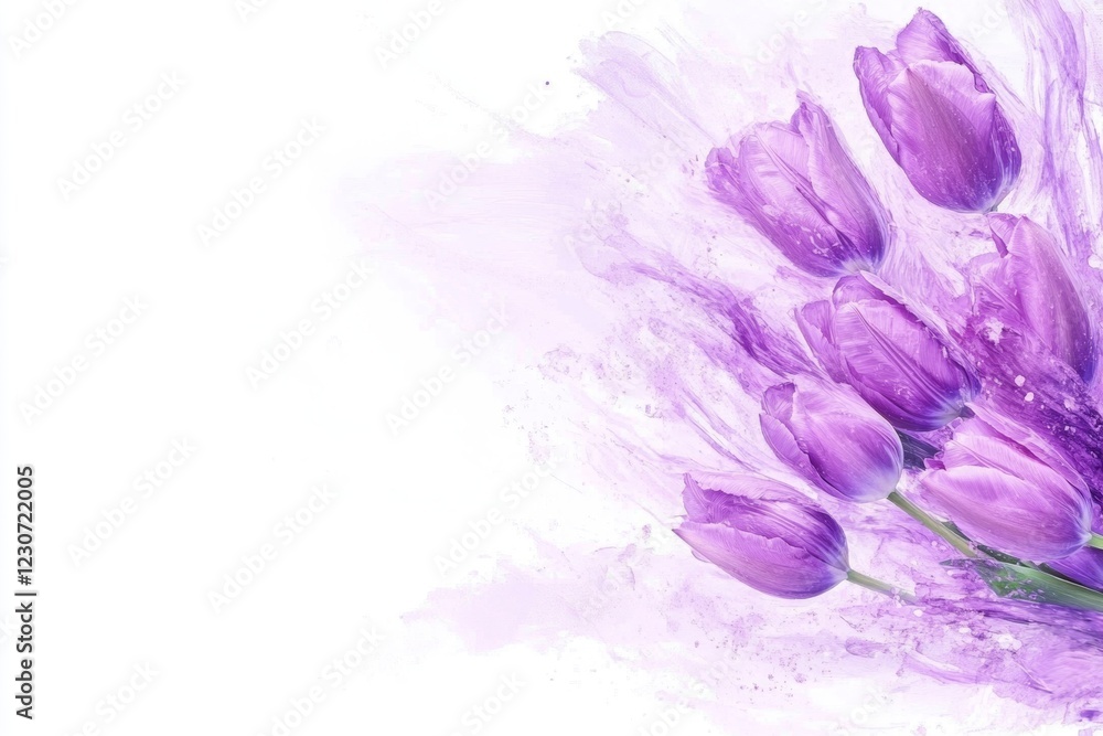 Obraz premium Elegant bouquet of fresh tulips on a sophisticated lavender background inviting creativity and joy