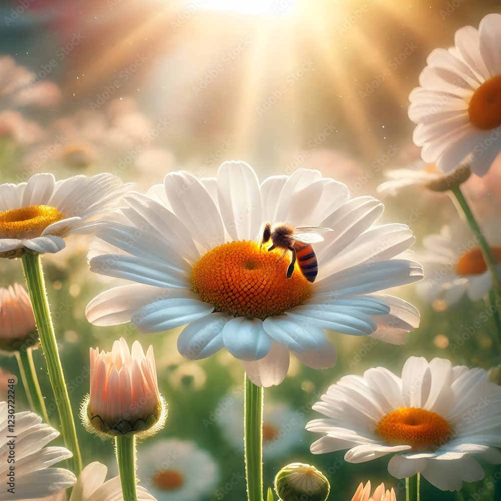 Obraz premium Summer Garden with Butterfly - A bright garden scene featuring a white flower and butterfly in golden sunlight. The composition captures the essence of a perfect summer day.