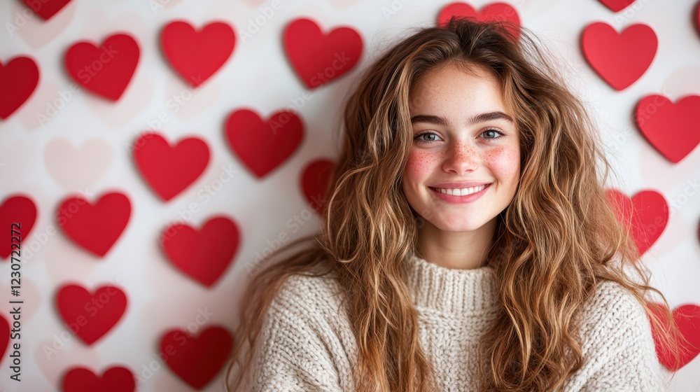 A charming woman in a cozy outfit beams a smile against a backdrop filled with vibrant red hearts, symbolizing love and joy in an inviting setting. A charming woman in a cozy outfit beams a smile against a backdrop filled with vibrant red hearts, symbolizing love and joy in an inviting setting.