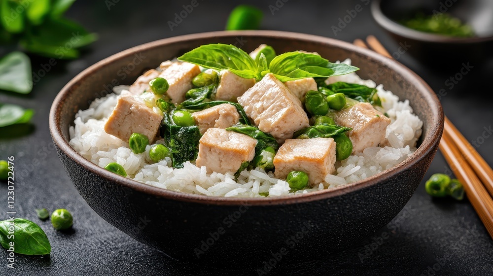 A flavorful bowl of chicken and rice, enhanced with vibrant green peas and spinach, presents a healthy meal option that's both tasty and nutritious. A flavorful bowl of chicken and rice, enhanced with vibrant green peas and spinach, presents a healthy meal option that's both tasty and nutritious.