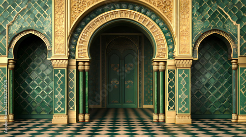 Green and gold ornate archway with diamond-patterned tiles. Diamond Archway. Illustration photo