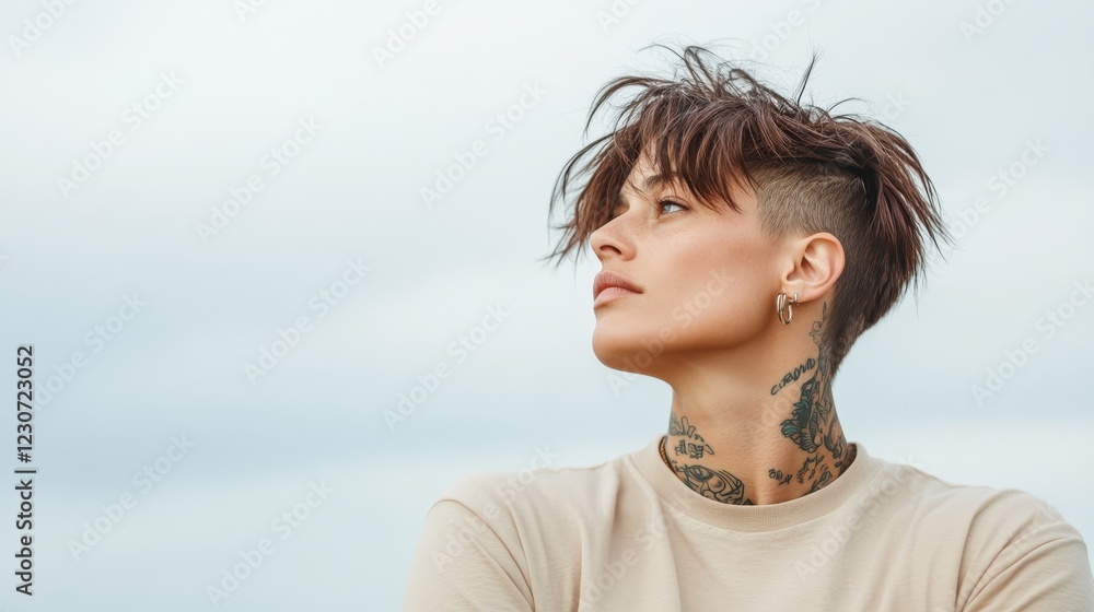 This artistic shot features a tattooed woman with a stylish haircut, showcasing a serene expression against a soft, cloudy backdrop, highlighting individuality and self-expression. This artistic shot features a tattooed woman with a stylish haircut, showcasing a serene expression against a soft, cloudy backdrop, highlighting individuality and self-expression.