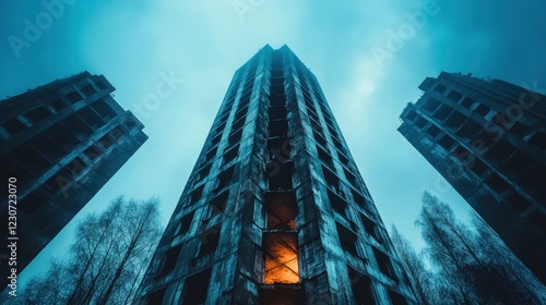 This chilling image captures towering structures standing eerily in a foggy landscape, radiating an unsettling yet beautiful ambiance of urban decay and mystery. photo