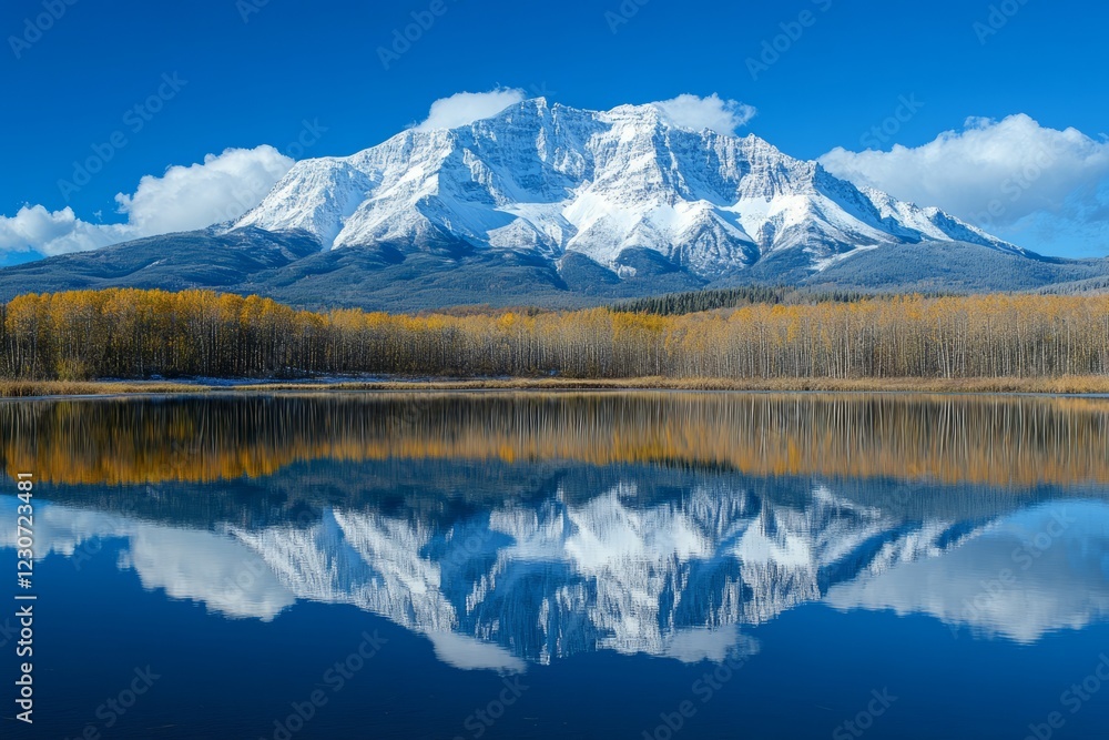 Naklejka premium Snow-capped mountains reflected in a calm lake, surrounded by autumnal trees under a vibrant blue sky.