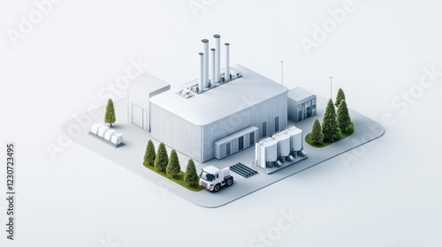 Modern industrial facility with emissions stacks, truck and greenery in minimalistic style for commercial use