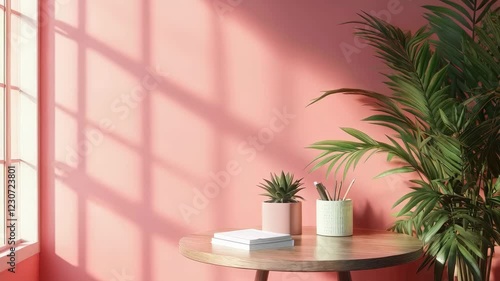 Sunlit serenity: indoor plant shadows dance on pink wall