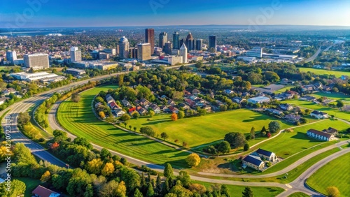 Aerial view of Lexington Kentucky on a clear sunny day over the rolling bluegrass hills and horse farms with the downtown area visible in the distance, aerial view, countryside